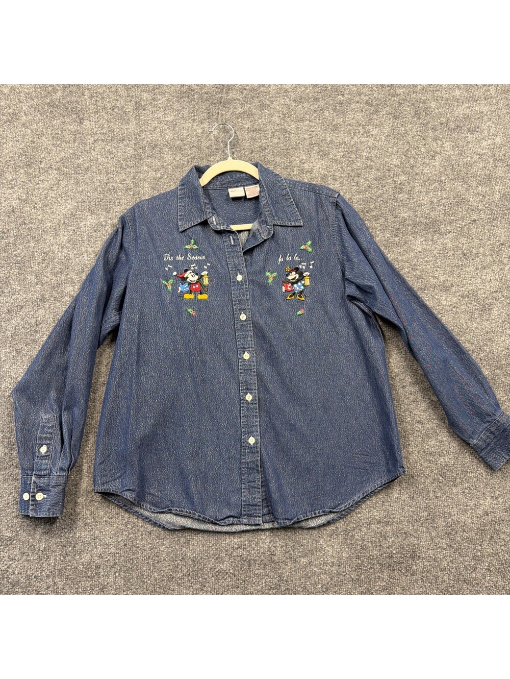 Disney Christmas Embroidered Denim Glittery Blouse Women’s Md *Hole in sleeve